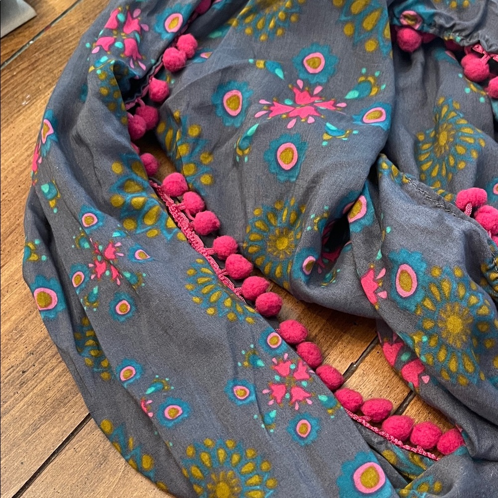Gray Infinity Scarf with Pink and Yellow Floral Design - Picture 3 of 4